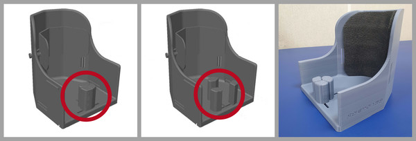 ▲ 다리 간격조절이 가능한 자세교정장치의 도면과 실제 제작된 장치의 모습. 사진에 빨간 원으로 표시된 부분을 환자의 다리 간격에 맞춰 조절할 수 있다.