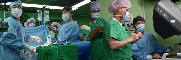  로봇수술을 시행하는 하태경 교수(두 번째 사진 정중앙)와 이를 참관한 레자 가마가미 박사(두 번째 사진 중앙에서 좌측)